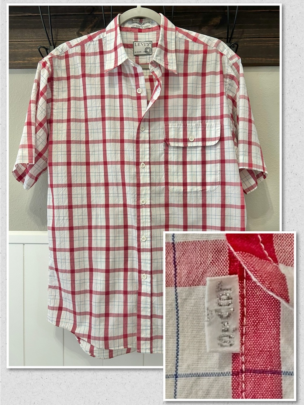 Vintage 80s Levi’s White Tab Metallic Silver Letters White Red Plaid Shirt 1850
